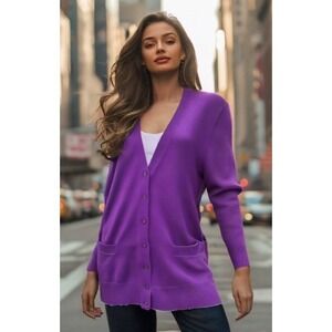 Lord Taylor Merino Wool Cardigan Sweater Womens Size 0X Purple VNeck Long Sleeve